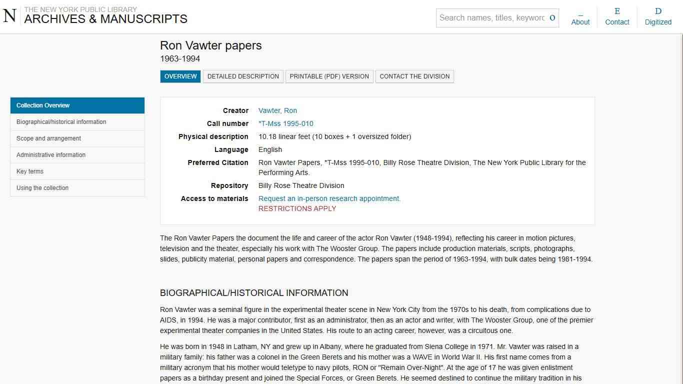 archives.nypl.org -- Ron Vawter papers